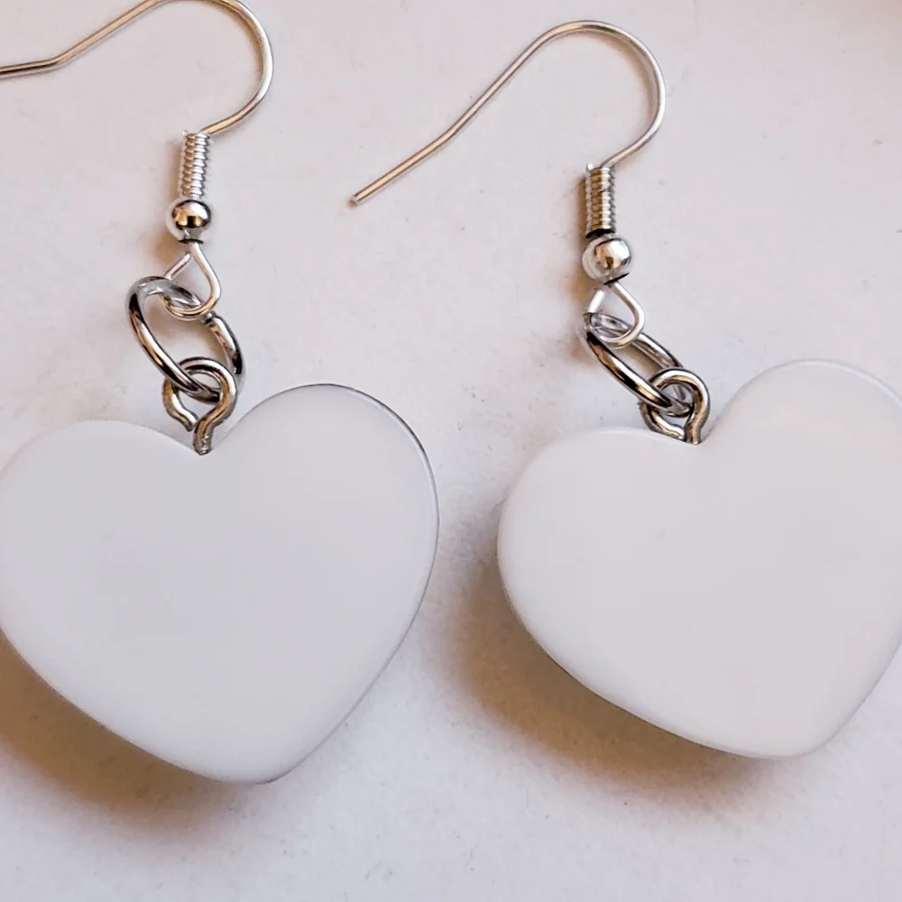 Handmade White Glitter Resin Heart Barbie Earrings - Picture 2 of 2